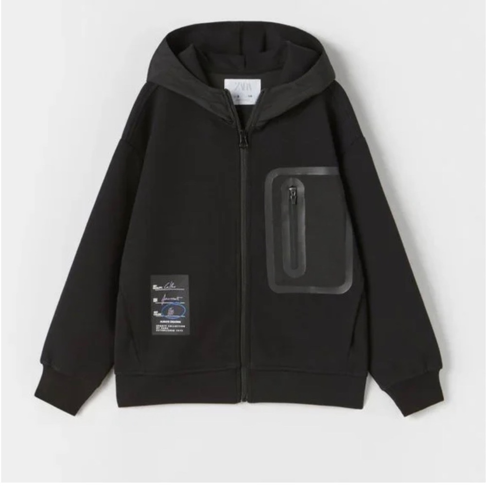 NWT ZARA PLUSH ATHLETIC RIPSTOP BLACK HOODIE Size 11-12